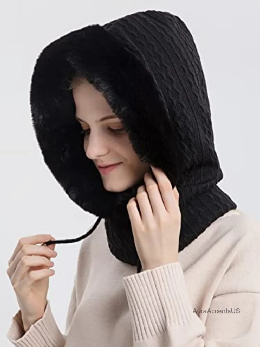 Women's All-in-One Faux Fur Lined Winter Balaclava Beanie Scarf Mask